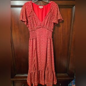 Max Studio Red Floral Midi Dress W/ Smocked Waist